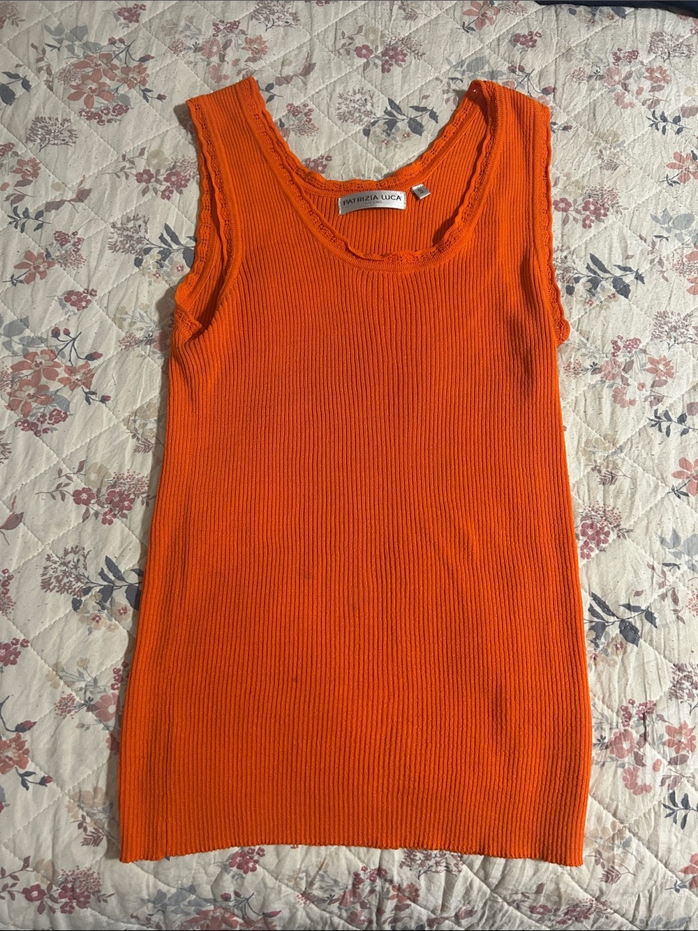 Patrizia Luca Bright Orange Ribbed Knit Sleeveless Tank